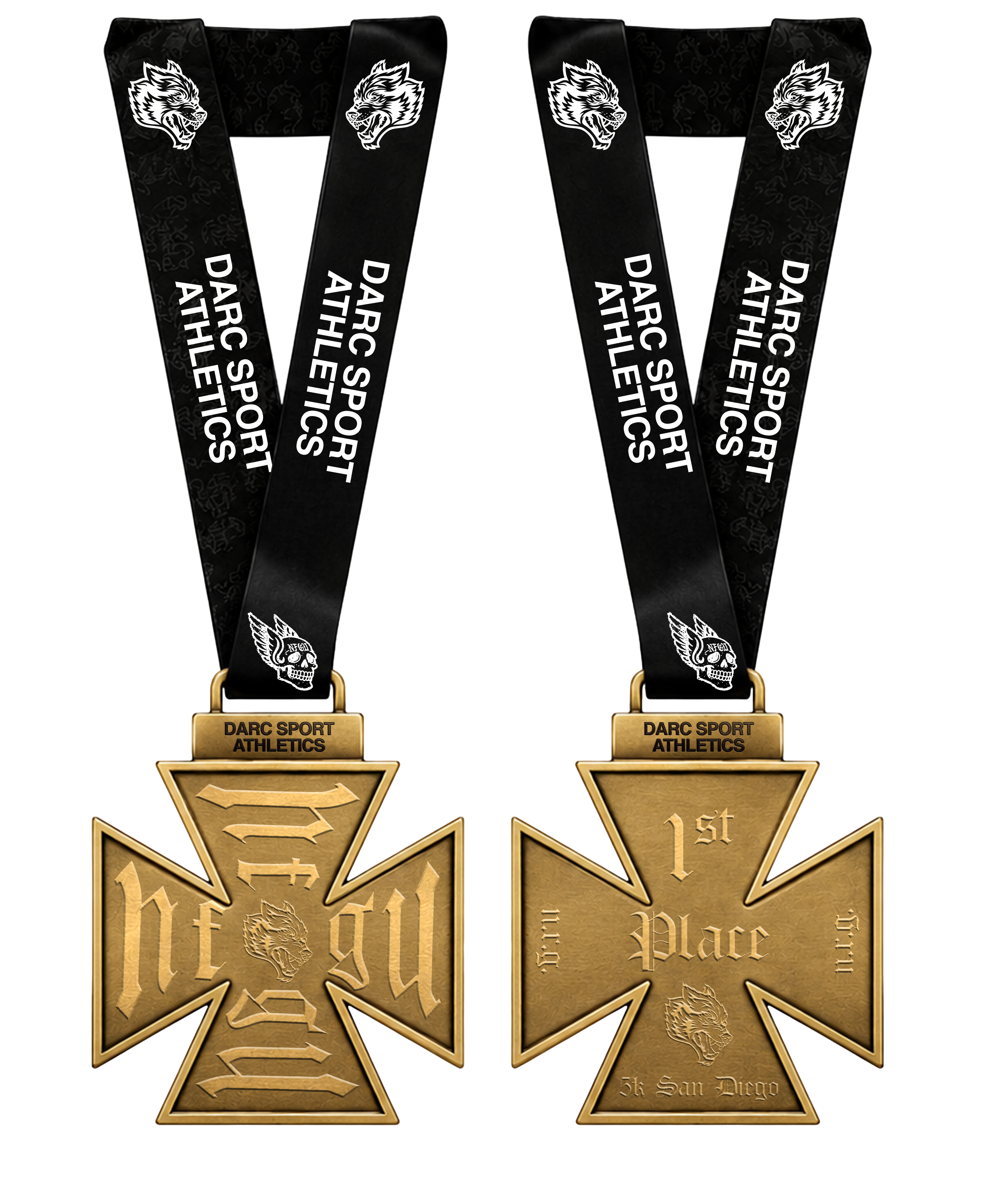 N.R.G. San Diego 5K finisher medal, front and back, on a Darc Sport Athletics lanyard.